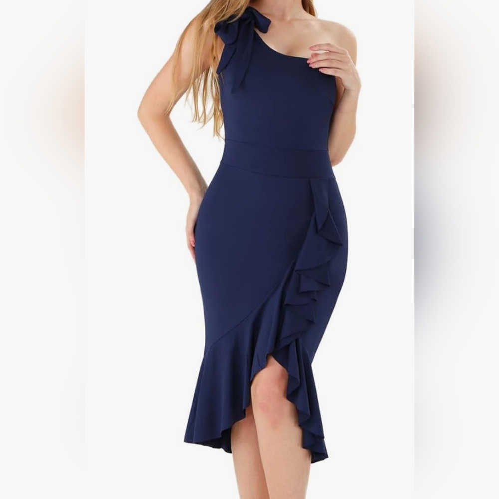 Women's Summer Sexy One Shoulder Split Ruffle Pleat Bodycon Party Dresses